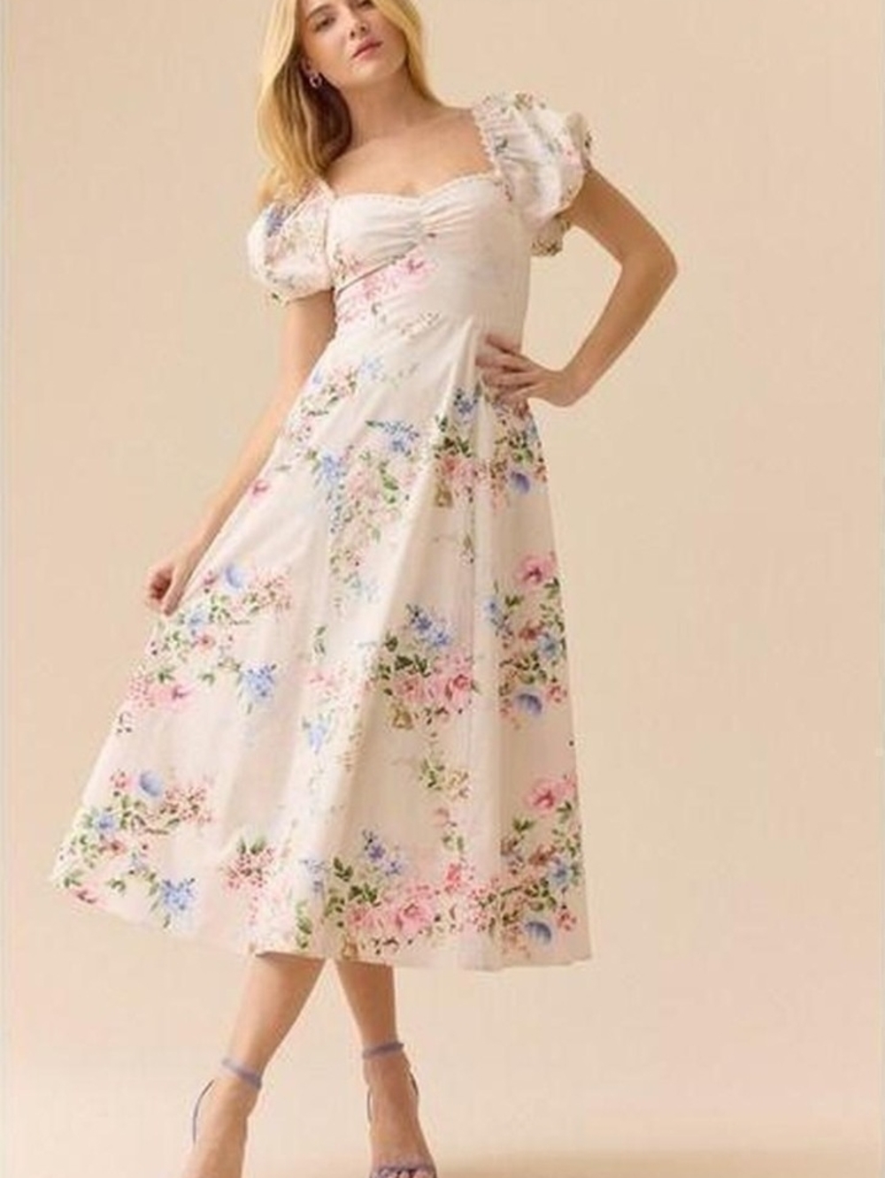 Altar'd State Cream Floral Puff-Sleeve Midi Dress